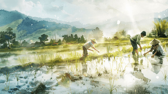 创意水彩绘画田地里农民春耕种田种水稻的插画78