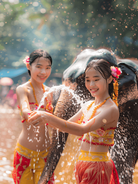创意傣族姑娘泼水节大象庆祝传统节日庆典民族传统节日习俗