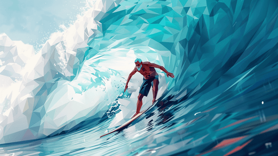 创意蓝色手绘大海运动海上男子冲浪的晶格插画