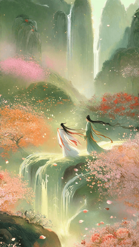 创意与凤行山水中国风国风浪漫古风古代情侣背影插画