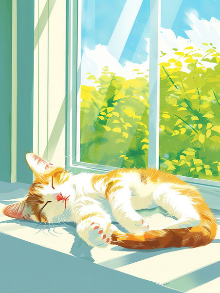 浪漫唯美温馨慵懒的小猫在窗台上睡觉插画