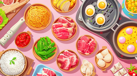 创意美食火锅材料蔬菜肉类原创游戏桌面插画