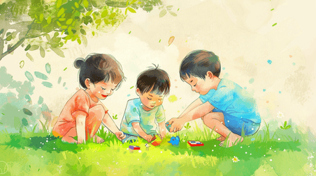 创意儿童节手绘彩色户外风景灯笼灯光儿童玩耍的插画