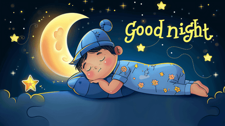 创意夜晚安睡的小男孩睡眠睡觉卡通儿童插画6