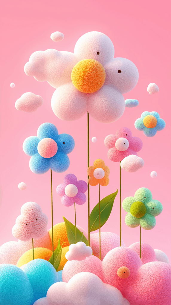 创意卡通可爱风春天3d毛绒绒质感鲜艳花朵春天梦幻童话儿童节背景