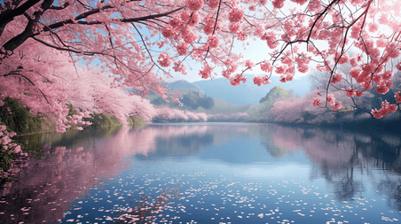 创意盛开的樱花特写摄影植物花卉湖面春天风景