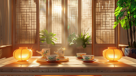 创意喝茶茶艺茶室国潮中国风中式屏风茶楼早楼摄影照片