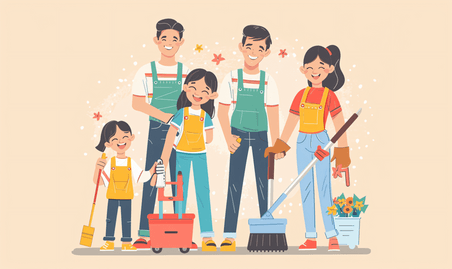 创意亚洲人幸福家庭与维修服务人员职业人物扁平五一劳动节