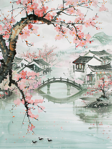 创意桃树盛开的春水风光池塘插画海报