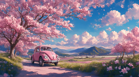 创意春天樱花树下粉红色汽车插画设计