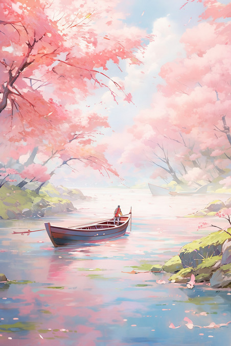 创意春天浪漫唯美灿漫的樱花河边小船插画设计
