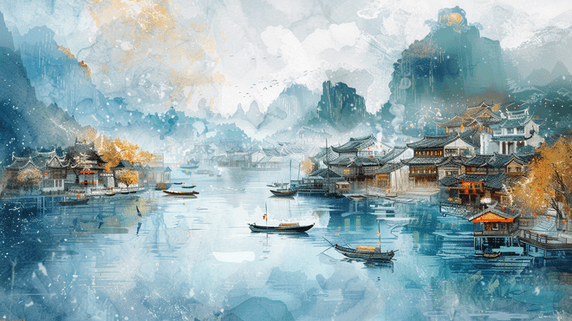 创意彩色手绘绘画山水风景的插画水彩旅游水乡古镇