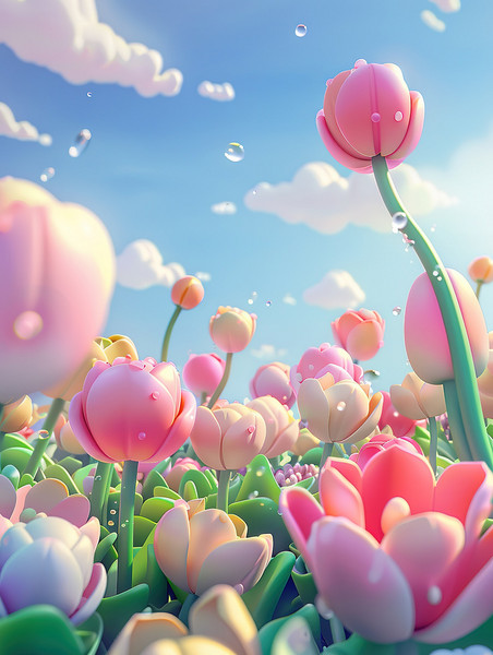 创意3D卡通春季景观郁金香春天植物花朵插图