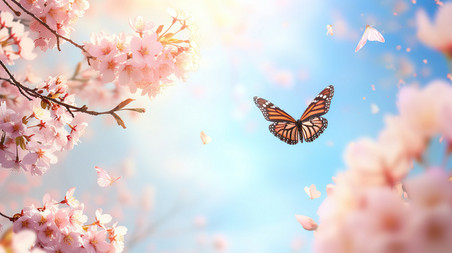 创意粉红色樱花和飞翔的蝴蝶设计图