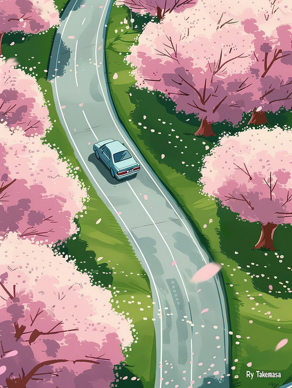 创意樱花大道汽车行驶插画素材春天美景