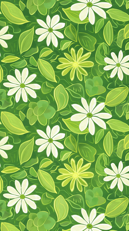 创意春天花朵绿叶平铺无缝底纹设计卡通背景