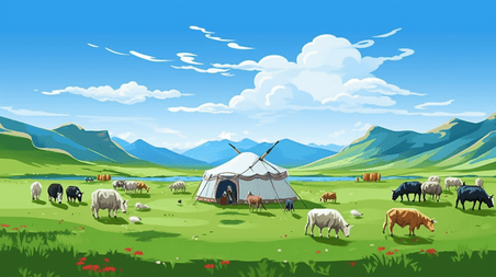 创意扁平风内蒙古蒙古族草原风景蒙古包插画