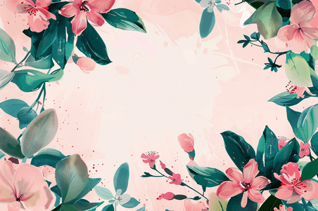 创意绿色植物花朵春天浅色粉色水彩植物边框背景插画