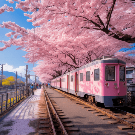 创意这是日本仙台的一个受欢迎的樱花景点途经樱花林的小火车