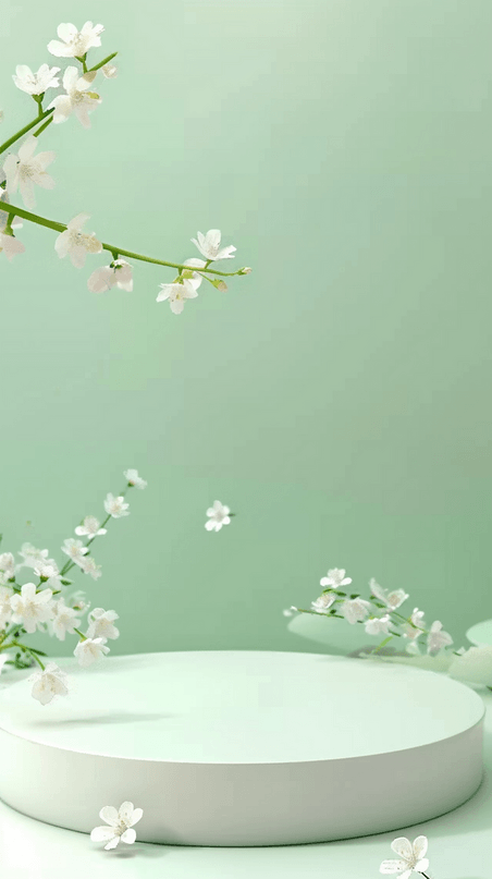 绿色直播花朵浅绿清透质感春天3D梨花花枝电商展台背景