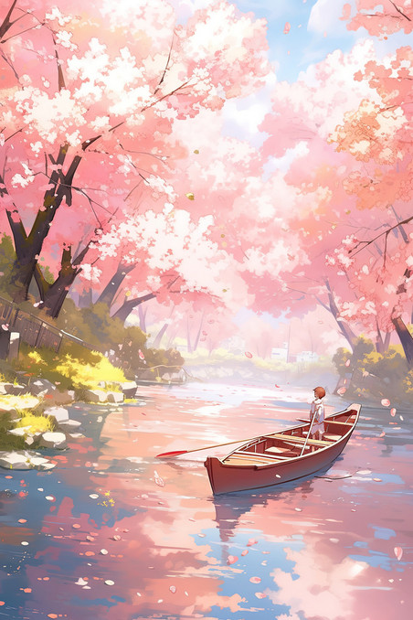 创意春天灿漫的樱花河边小船浪漫唯美素材