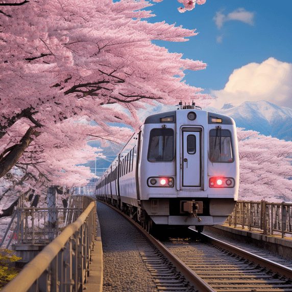 创意樱花盛开的铁轨上飞驰的高速列车