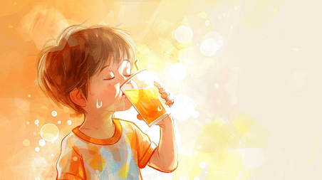 创意彩色手绘水彩男孩喝饮料的插画