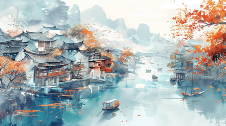 水彩旅游水乡古镇创意彩色手绘绘画山水风景的插画
