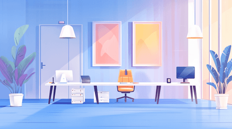 创意高端商务办公纸电脑场景扁平紫色蓝色的插画6