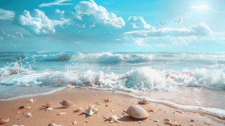 夏天夏季蓝天白云海浪海边沙滩上休闲度假的大海旅游风景