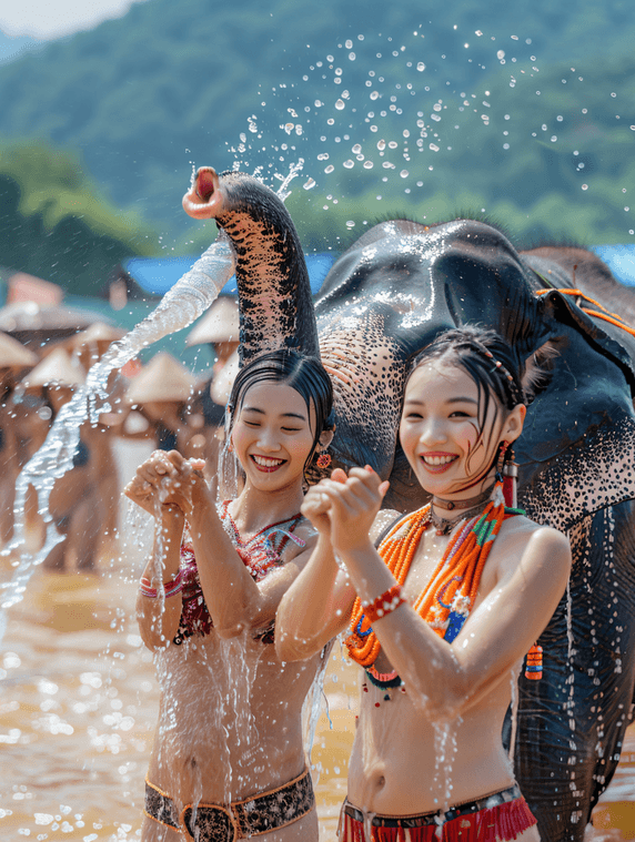 创意泼水节大象庆祝传统节日庆典傣族姑娘民族传统节日习俗