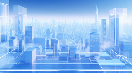 创意蓝色3D立体玻璃科技感城市建筑群背景