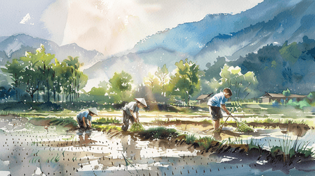 创意水彩春耕种田田地里农民儿童种水稻的插画1