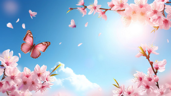 创意粉红色樱花和飞翔的蝴蝶背景图