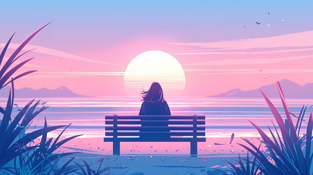 创意唯美文艺大海一个女人坐在长椅上看日落插图