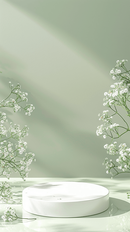 创意浅绿清透质感春天3D梨花花枝电商展台绿色直播背景