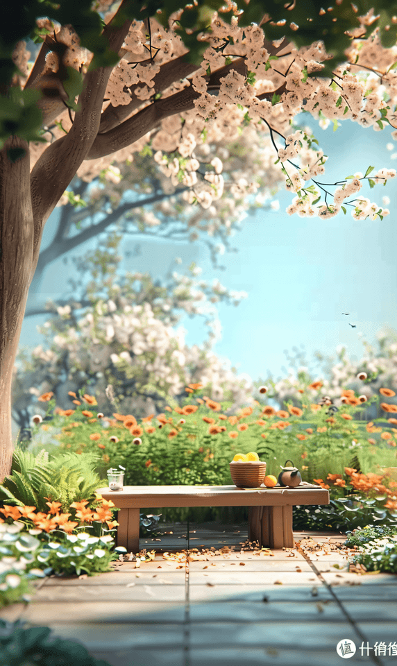 浪漫温馨清新露营野餐木凳花篮蓝天阳光春天背景图像