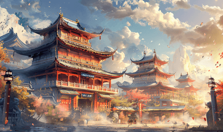创意中国建筑古建筑水彩古代插画