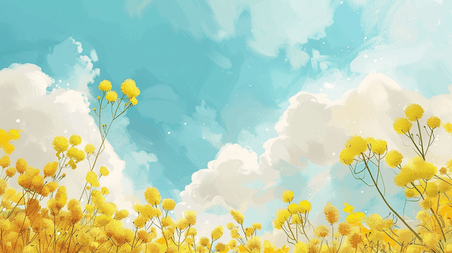 创意春天手绘油菜花蓝天白云树枝花草的背景16