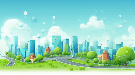 清新微立体天空卡通绿色色智慧城市建筑插画18