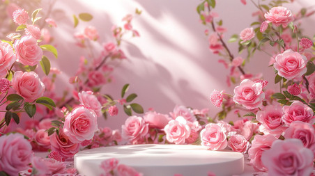 创意春天樱花花朵植物浪漫唯美温暖蔷薇圆台合成创意素材背景