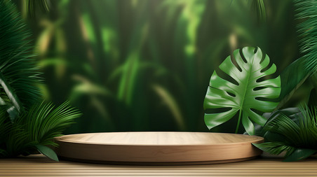 创意植物夏天芭蕉叶电商海报木色展台自然绿色背景