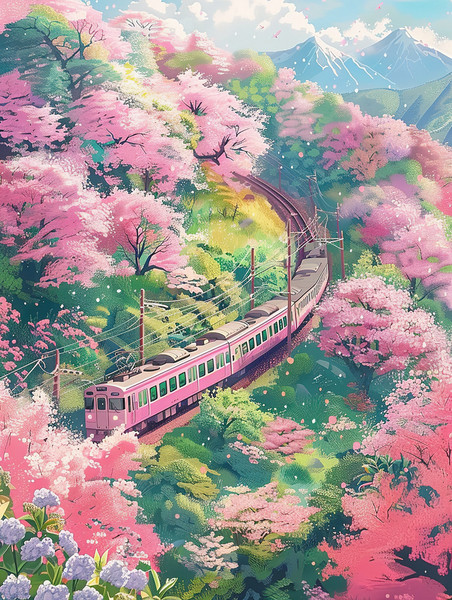 创意开往春天的列车樱花插画设计