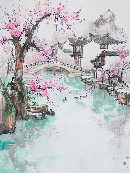 创意桃树盛开的春水风光池塘插画海报