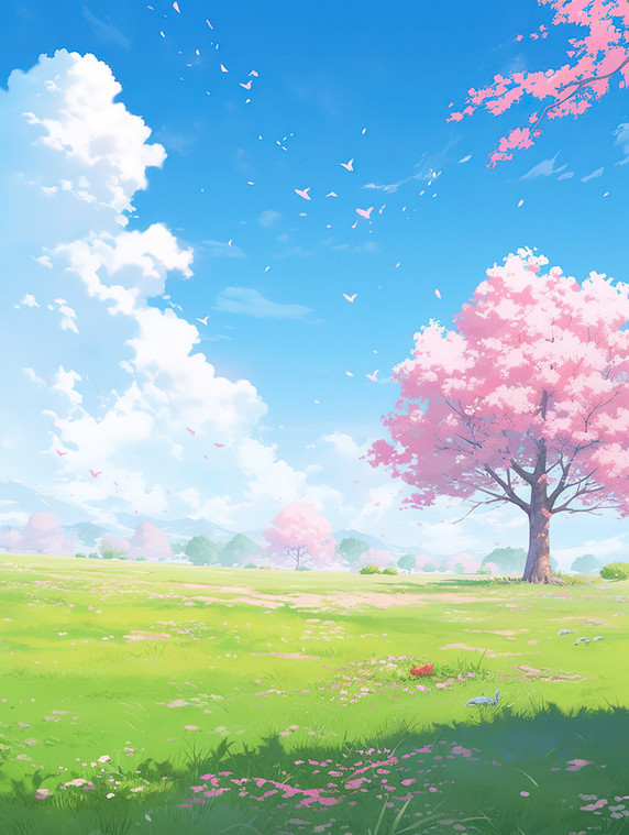 浪漫唯美卡通春天唯美的樱花草坪草地卡通素材
