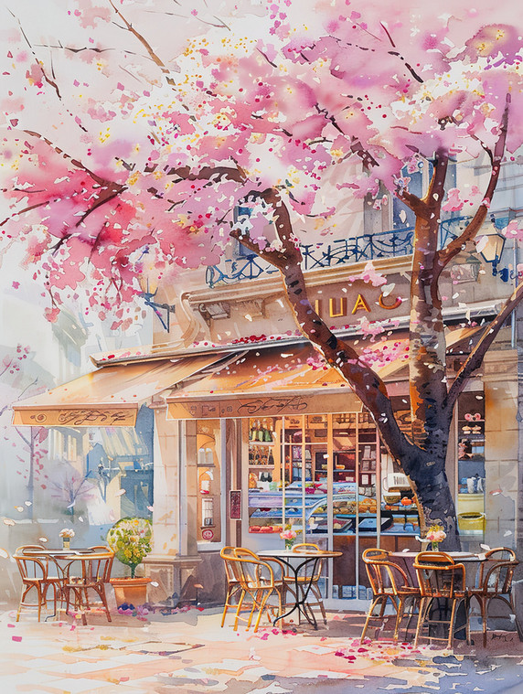 创意樱花盛开街角咖啡店插图水彩春天美景