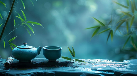 创意青色茶具描绘摄影春天绿色中国风茶叶春茶照片
