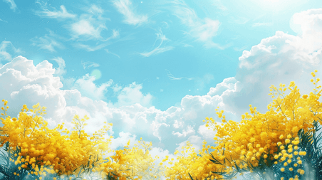 创意春天手绘蓝天白云树枝花草油菜花的背景13