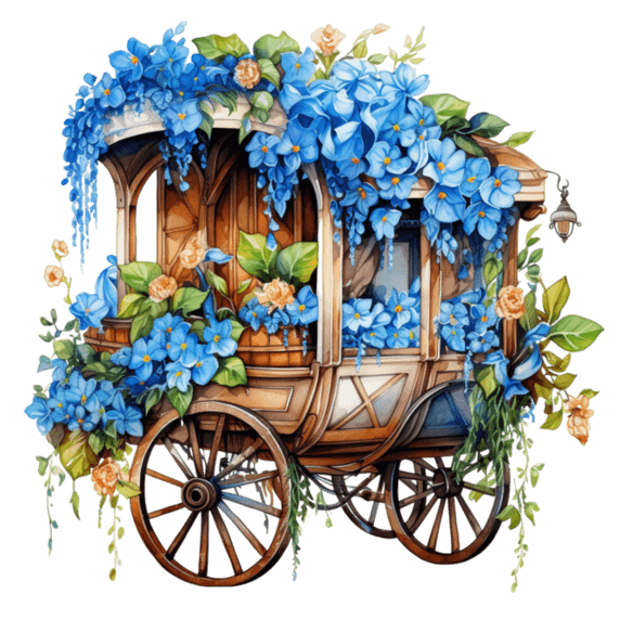 创意四轮花车元素花朵蓝色童话梦幻春天浪漫马车免抠图案