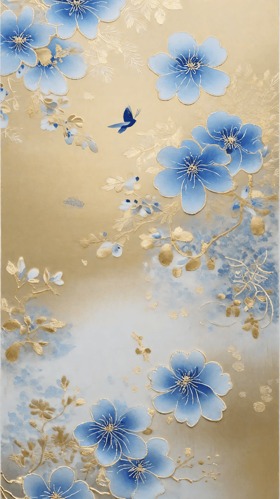 创意蓝色金箔中式刺绣传统国风花卉刺绣纹理背景